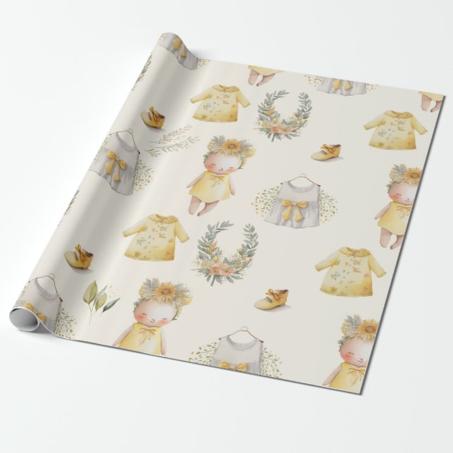 Papel de envoltura para el bebe amarillo acuarela (Desenrollado)