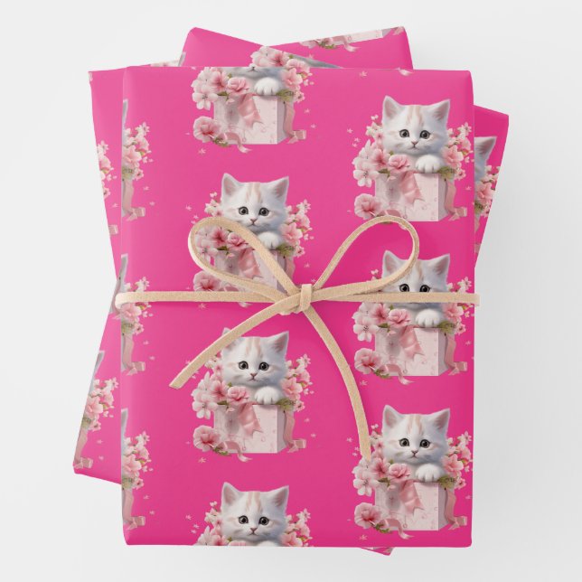 Papel De Envoltura Rosa De Patrón Gatito Para Los  (In situ)