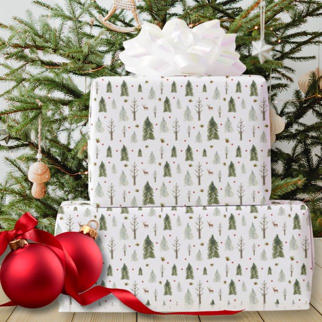 Papel de envolver a Navidades de pinos acuarelas (Watercolor Pine Trees Christmas Wrapping Paper)