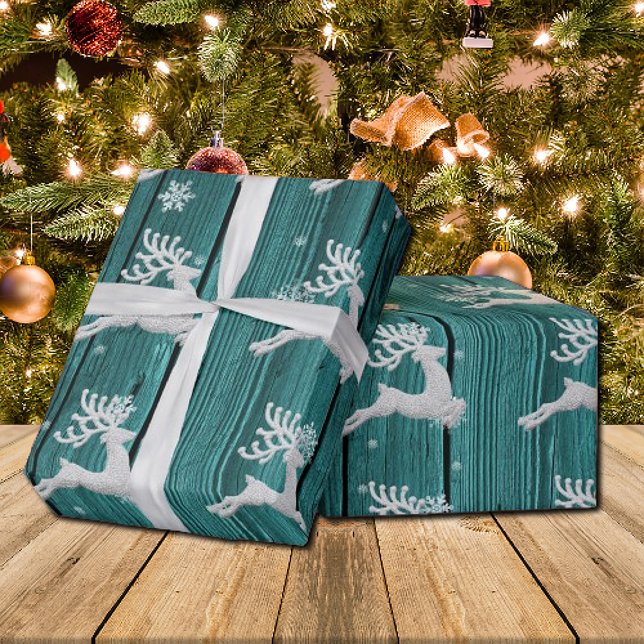 Papel de envolver a renos para Navidades rusos ver (Teal Rustic Christmas Reindeer Wrapping Paper)