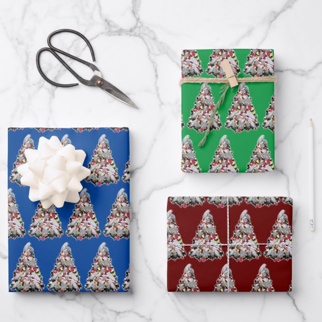 Papel de envolver árbol de Navidad de loro gris af (Anverso)