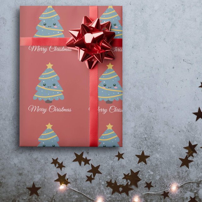 Papel de envolver árbol de Navidad kawaii (Kawaii Christmas Tree Red Wrapping Paper)