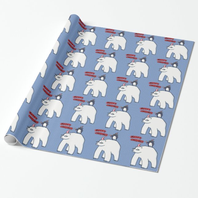 Papel de envolver azul para Navidades de oso polar (Desenrollado)