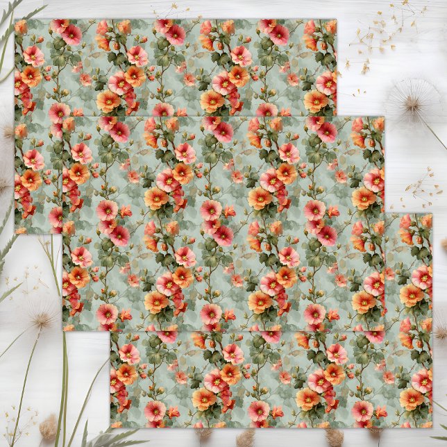 Papel de envolver con malvarrosas rosadas y sonros (PINK AND BLUSH HOLLYHOCKS WRAPPING PAPER SHEETS)