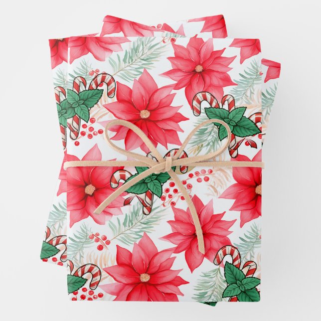 Papel de envolver de canes y poinsettias para navi (In situ)