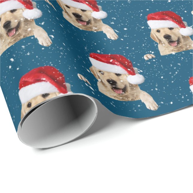 Papel de envolver de Golden Retriever y Santa Hat (Esquina del rollo)