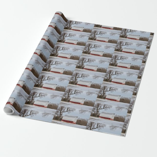 Papel de envolver de nieve y granero rojo (Desenrollado)