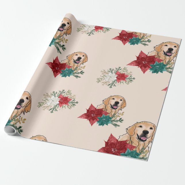 Papel de envolver de poinsettia de Golden Retrieve (Desenrollado)
