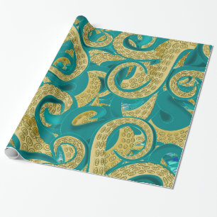 Papel de envolver de pulpo de oro verde azulado