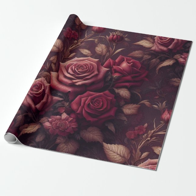 Papel de envolver de regalo floral - Borgoña y roj (Desenrollado)