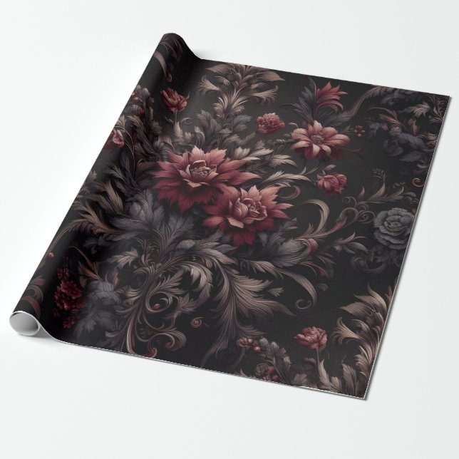 Papel de envolver de regalo floral negro de Borgoñ (Desenrollado)