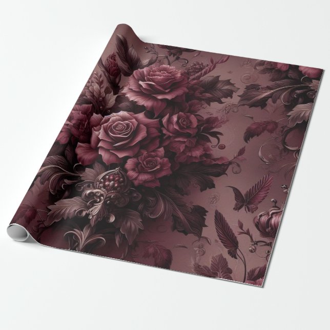 Papel de envolver de regalo floral rojo de Borgoña (Desenrollado)