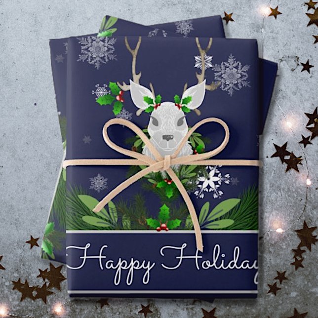 Papel de envolver de renos azules (Blue Reindeer Wrapping Paper Sheets)