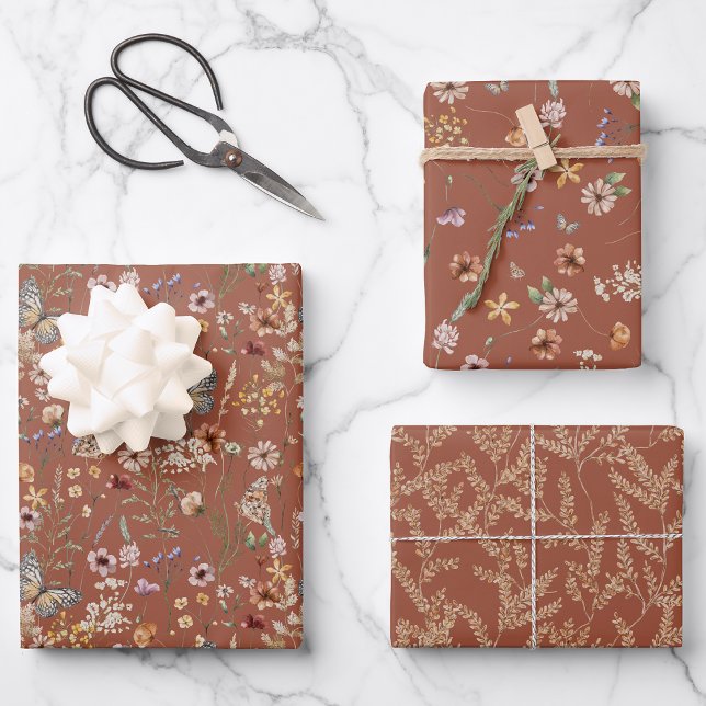 Papel de envolver floral de terracota (Terracotta Floral Boho Wrapping Paper by Painted Paperie
)