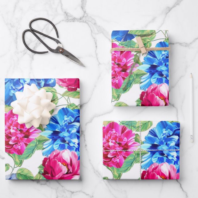 PAPEL DE ENVOLVER FLORAL HIDRANGEA AZUL Y ROSA GRA (Anverso)