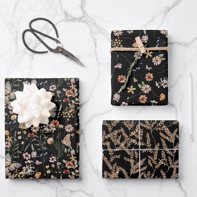 Papel de envolver floral negro (Black Boho Floral Wrapping Paper Collection by Painted Paperie
)