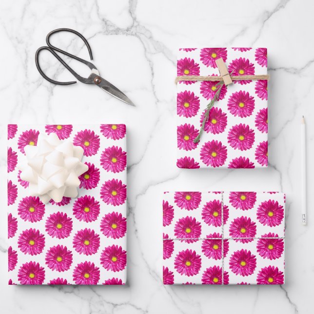 Papel de envolver floral rosa intenso Daisy, 3 hoj (Anverso)