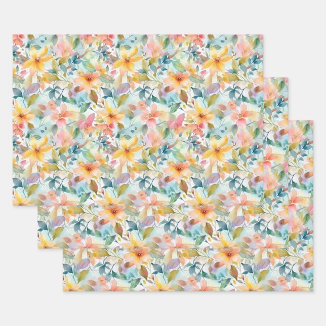 PAPEL DE ENVOLVER FLORES PASTEL EN HOJAS (Set)
