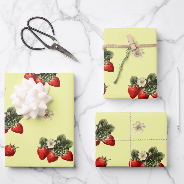 Papel de envolver fresas con flores en amarillo (Anverso)