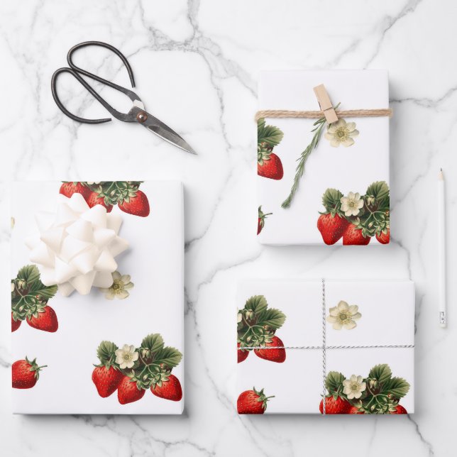 Papel de envolver fresas con flores en blanco (Anverso)