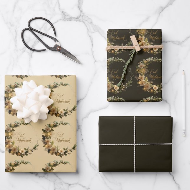 Papel de envolver Hilal blanco con Feliz Eid Mubar (Anverso)