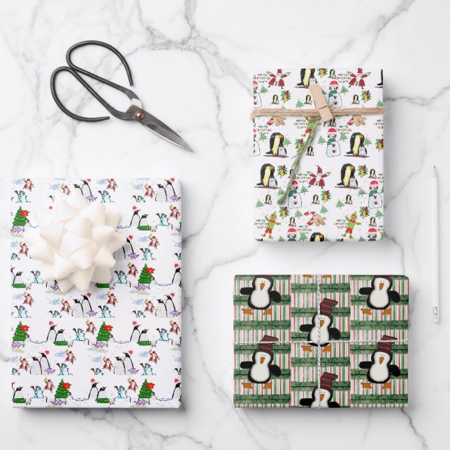 Papel de envolver sábanas de Navidad alegre pingüi (Anverso)