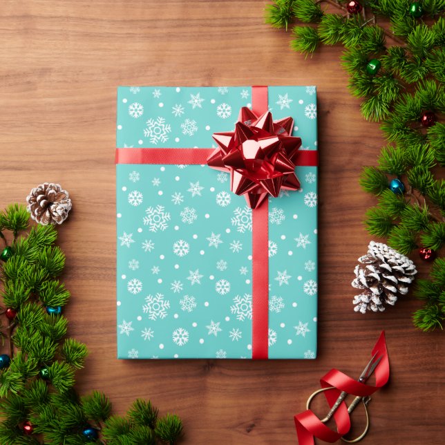 Papel de envolver verde azulado con copos de nieve (Regalo de vacaciones)