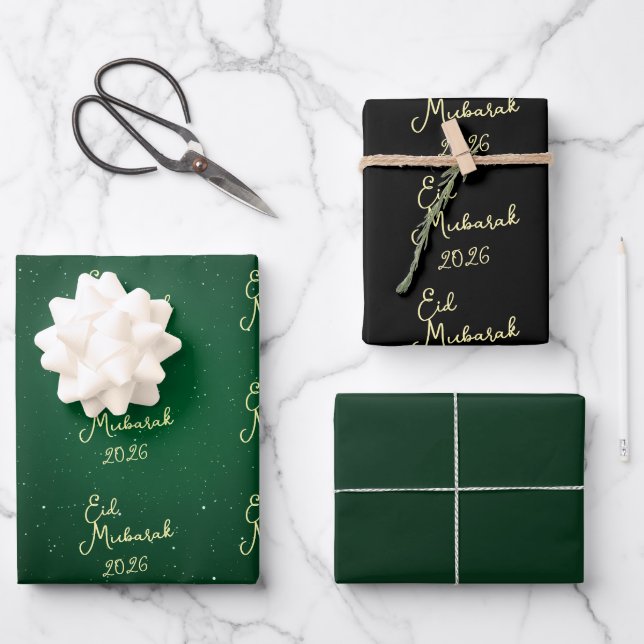 Papel de envolver verde elegante 'Happy Eid Mubara (Anverso)