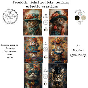 Papel de envolver vintage floral Steampunk Cat A3 