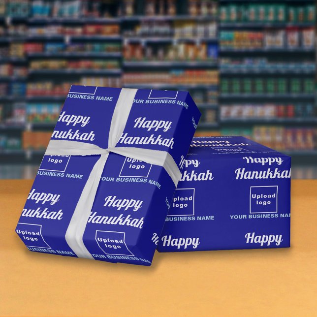 Papel de envolvimiento azul de Hanukkah Business (Hanukkah greeting, business name and logo on blue wrapping paper)