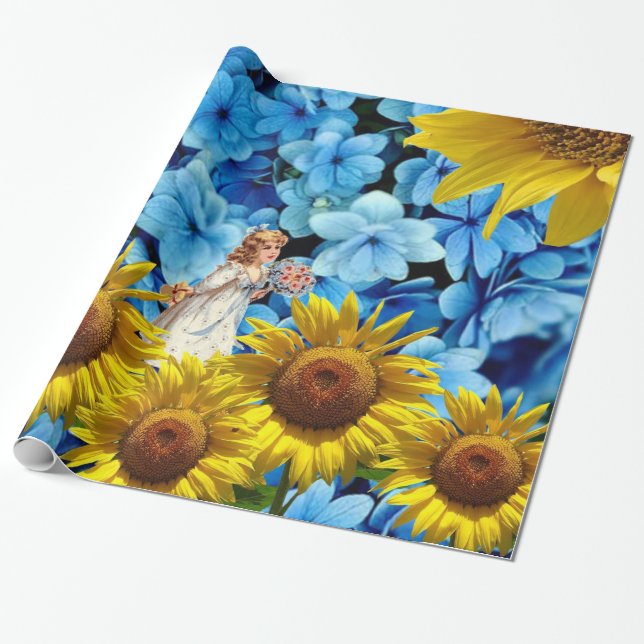 Papel de envolvimiento brillante, flor azul giraso (Desenrollado)