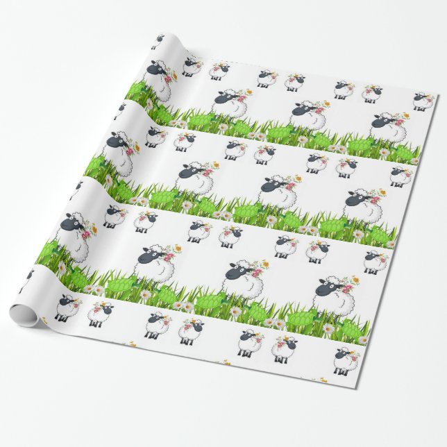 Papel de envolvimiento brillante, floral de oveja (Desenrollado)