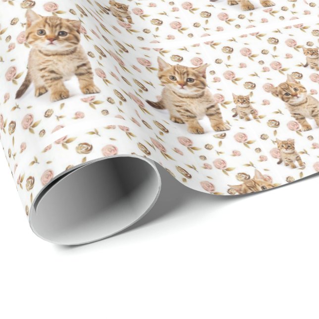 Papel de envolvimiento brillante Gatitos Floral (Esquina del rollo)