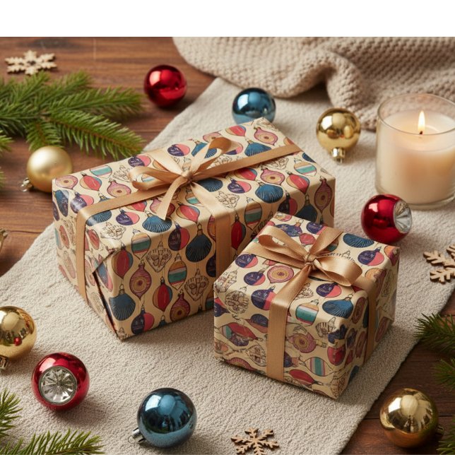 Papel de envolvimiento de adornos de navidad de or (Elegant Colorful Vintage Ornaments Christmas Wrapping Paper in Gold. Chic Xmas Red Ornament Pattern)