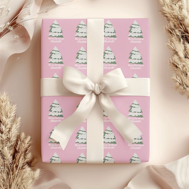 Papel de envolvimiento de árbol de Navidad rosado  (Pink Snow Christmas Tree Wrapping Paper)