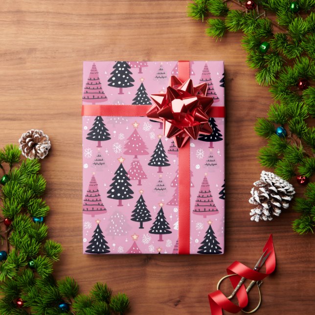 Papel de envolvimiento de árboles de Navidad rosad (Regalo de vacaciones)
