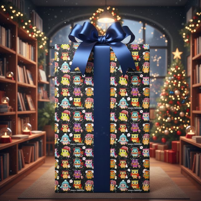 Papel de envolvimiento de búho y búho festivo (Festive & Fun Santa Owl Wrapping Paper)