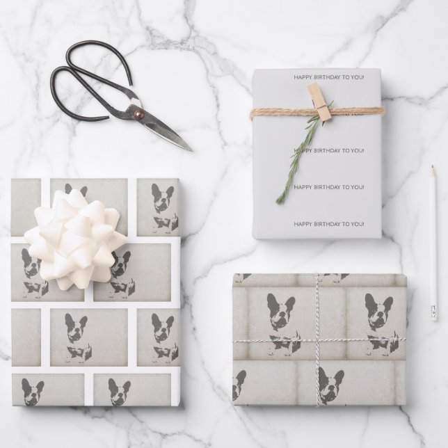 Papel de envolvimiento de cumpleaños de Bulldog fr (Anverso)