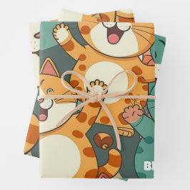 Papel de envolvimiento de cumpleaños de gatos feli