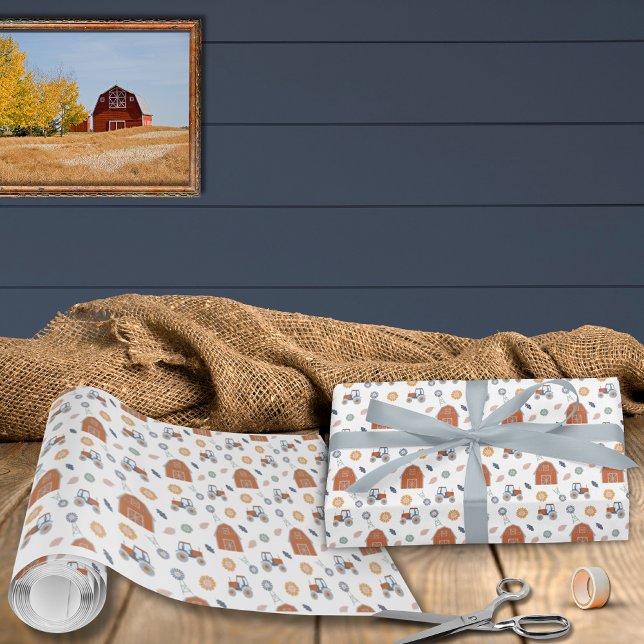Papel de envolvimiento de cumpleaños de granja (Farm Animal Birthday Wrapping Paper Barn Tractor Pattern)