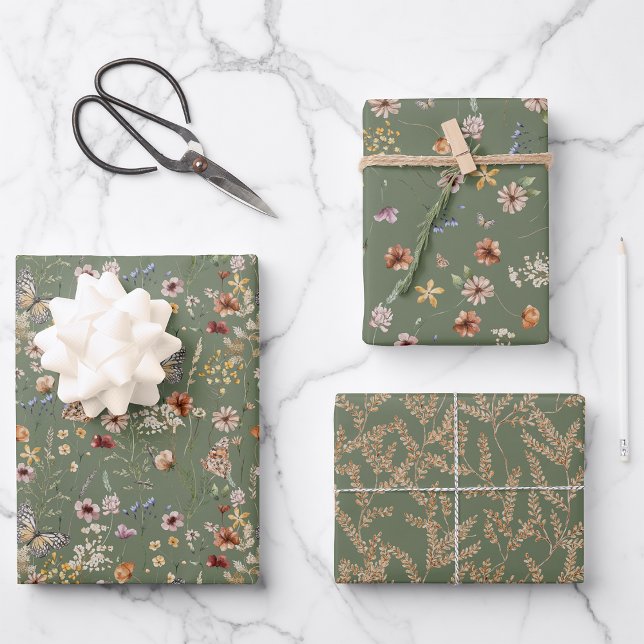 Papel de envolvimiento de flores verdes sage (Elegant Sage Green Floral Wrapping Paper by Painted Paperie
)