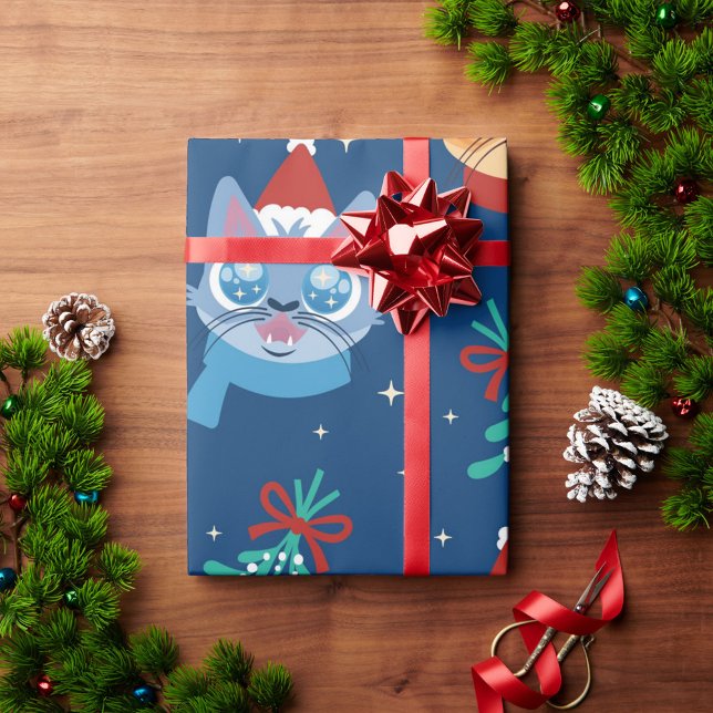 Papel de envolvimiento de gatos para navidades (The cats are in shades of blue and orange, with one wearing a red Santa hat!)