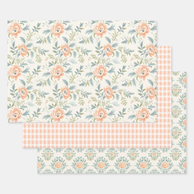 Papel de envolvimiento de Gingham floral de flores (Set)