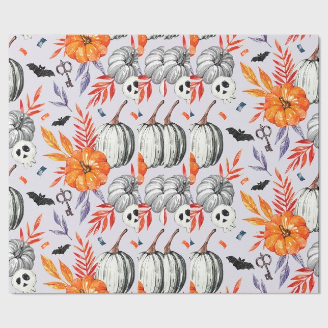 Papel de envolvimiento de Halloween (A vibrant, animated textile pattern featuring pumpkins, skulls, and autumn leaves. )
