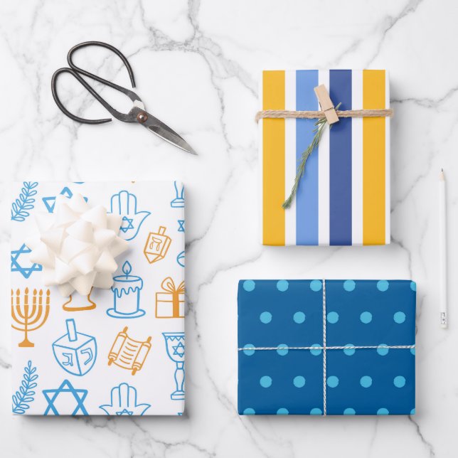 Papel de envolvimiento de Hanukkah azul y amarillo (Anverso)