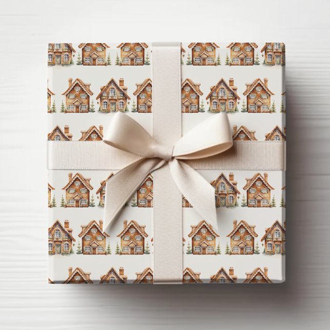 Papel de envolvimiento de la casa de los jengibre (Vintage Watercolor Gingerbread House Wrapping Paper by Painted Paperie
)