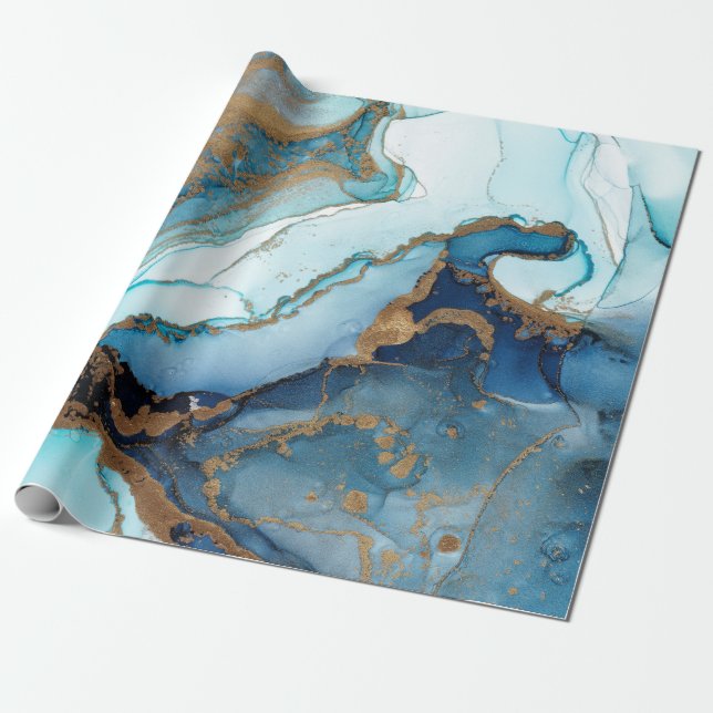 Papel de envolvimiento de mármol azul y oro agate (Desenrollado)
