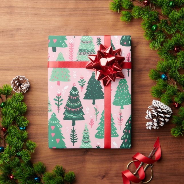 Papel de envolvimiento de Navidad rosada en árbol  (Regalo de vacaciones)