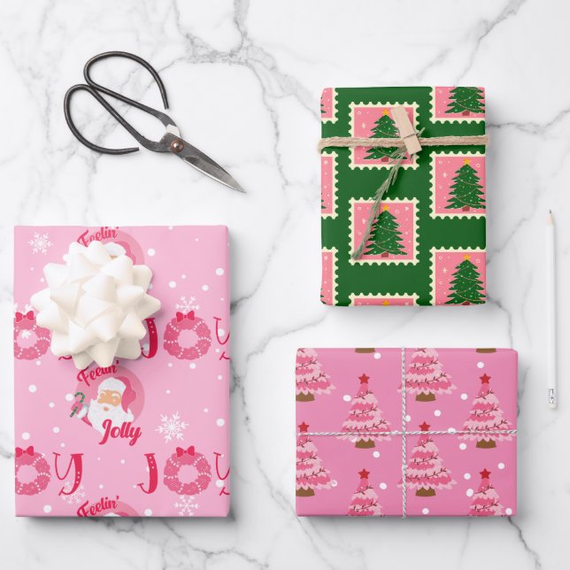 Papel de envolvimiento de Navidades modernos, rosa (Anverso)