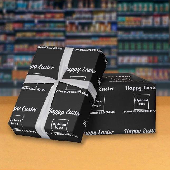 Papel de envolvimiento de negocios de Pascua Negra (Black wrapping paper with seamless pattern of Easter greeting, your business name and logo)